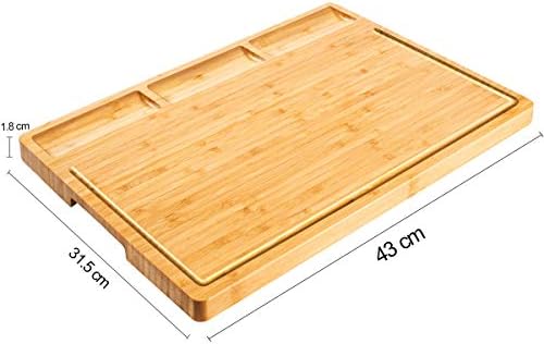 NIUXX Bamboo Chopping Board for Kitchen, Cutting Board with Juice Groove & 3 Compartments, Large Serving Board 43 x 32 x 2 cm, Reversible Butcher Block for Meat, Vegetables and Fruit