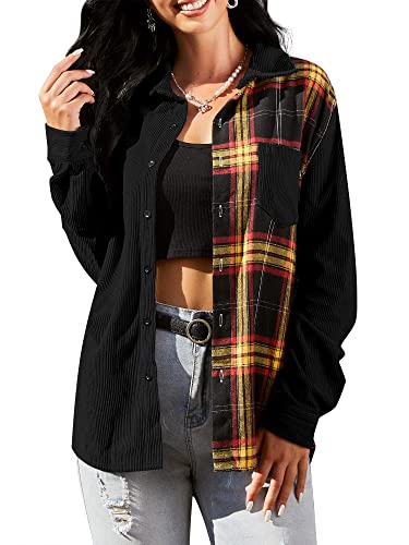 Zaful Womens Corduroy Shirts Plaid Boyfriend Oversized Blouses Button Down Jacket Tops With Pockets Multi Color #TOP10