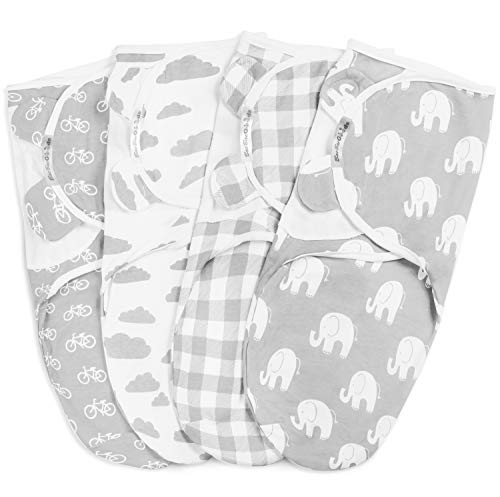 Image of BaeBae Goods Swaddle Blanket, Adjustable Infant Baby Swaddling Wrap Set of 4, Baby Swaddling Wrap Blankets for Boys and Girls Made in Soft Cotton (0-3 Months, Grey Elephants)