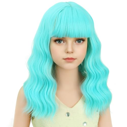 Image of Light Blue Wig Short Blue Wavy Curly Wigs Wig with Air Bangs Synthetic Cosplay Hair Wigs