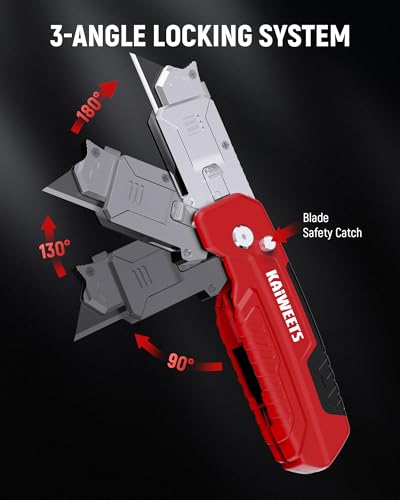 Image of KAIWEETS Utility Knife Scraper, 2-in-1 Folding Box Cutter with Blade Storage, Heavy Duty Zinc Alloy Body, Retractable Design, 12pcs SK2 Black Blades replacement, EDC Tool for Home, Office, DIY- Red