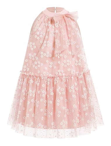OBEEII Girls Halter Floral Print Tulle Dress Summer Daisy Print Tiered A-line Dress Casual Birthday Bowknot Ruffle Sundress