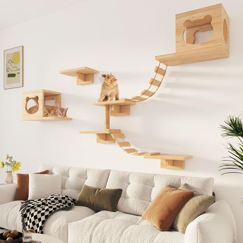 PETKABOO Cat Wall Shleves and Perches, Pine Wooden Cat Wall Furniture Climbing Shelves with Climber, Condo, Scratching Post, Ladder & Platform — view 2
