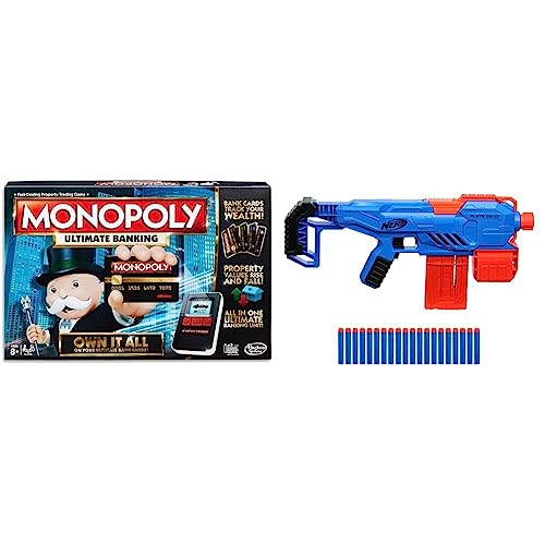 Image of Monopoly Baby Ultimate Banking Edition Board Game, Multi Color Game & Nerf Alpha Strike Flyte CS-10 Motorised Blaster 10-Dart Clip-Fed Blasting 20 Official Nerf Elite Darts,Foam Dart Blaster