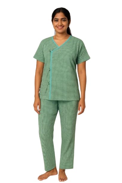 Hospital Patient Kurta Pajama Set | Green Checkered Cotton | V-Neck with Tie-Up | Front Open | Free Size-picture-46