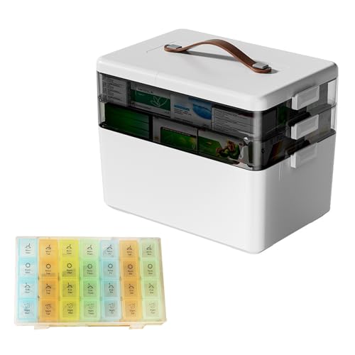 Fesatccoz 3-stegs medicinlåda med veckoarrangör, förvaring av läkemedel, professionellt husapotek med 28 fack för säker förvaring av läkemedel