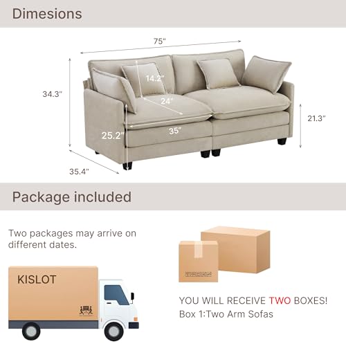 Image of KISLOT 74.4 inch Loveseat Oversized Modular Sectional Sofa with 4 Pillows, Sand | Cloud Couch, Dual Cushions, Deep Seats,Living Room