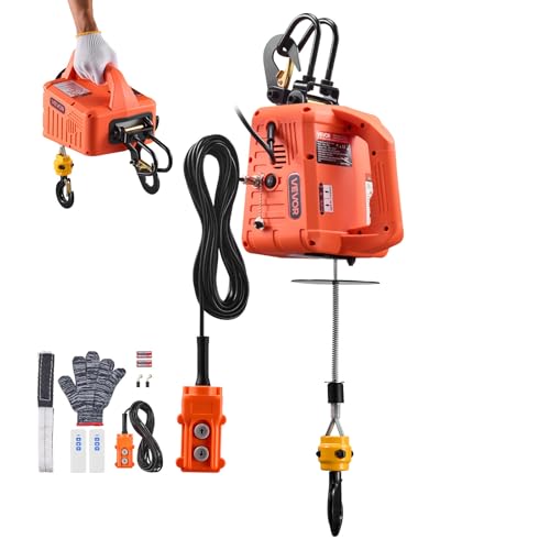 VEVOR Verricello Paranco Elettrico di Sollevamento Capacità Carico 500 kg, Verricello Argano Elettrico Portatile da 1500 W, Altezza di Sollevamento 7,6 m, con Telecomando Manuale, Cablato Wireless