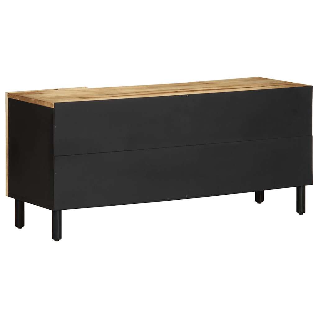 Mobile TV nero in legno di mango grezzo, 105 x 33,5 x 46 cm, con 2 ante e ripiani, stabile contenitore multimediale per soggiorno e ufficio, salvaspazio in stile industriale