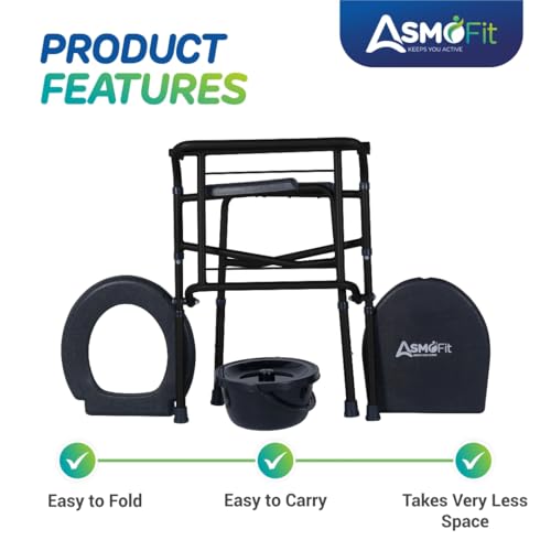 Image of Foldable Commode Chair Height Adjustable Use in Room or Over Toilet, Potty Chair with Armrests, Bedside Commode - Ideal for Adult, Pregnant Women, Elderly - Weight Capacity 100KG (Without Wheels - Black)