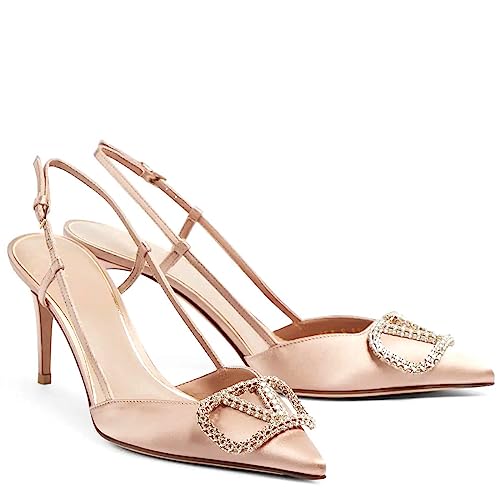 Image of Women Heeled Slingback Sandals V Buckle Closed Pointed Toe Stiletto High Heels Slip-On Backless Evening Prom Party Dress Shoes
