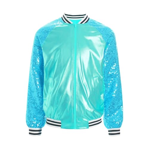 Loyan Kids Girls Sequin Bomber Jacket Zipper Coat Hip-hop Jazz Street Dance Tops Long Sleeve Dancewear2