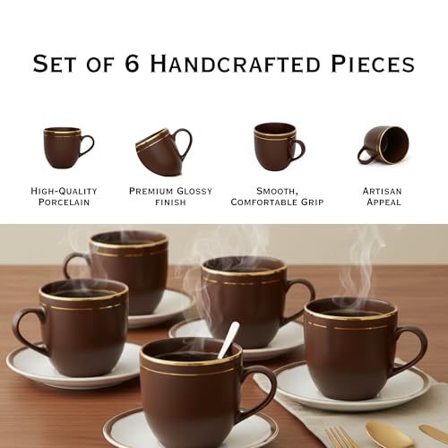 Image of Vistas Dark Brown Gold Line Ceramic Tea Cups Set of 12, 200ml | Porcelain Tea Cups Set of 12 | Glossy Finish | Premium Ceramic | Perfect for Every Occasion