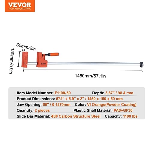 Image of VEVOR Bar Clamps for Woodworking, 2-Pack 50 inch Parallel Clamp Set, F Clamp with 1100 lbs Load Limit, Even Pressure, High-strength Plastic and Carbon Steel, Wood clamps for Woodworking Metal Working