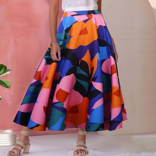 Women's Skirts for Summer Vacation Womens Flowy Bohemian Floral Print High Elastic Waist Casual Long Skirts2