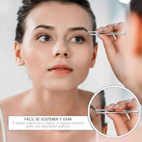 Miniatura 5 de Candure Pinzas Depilar Profesionales Punta Oblicua Pinzas Precisión Acero Inoxidable Para Cejas, Vello Facial Y Mentón, Pelo Encarnado Y Astillas, Hombres Y Mujeres, Con Estuche De Cuero Plata