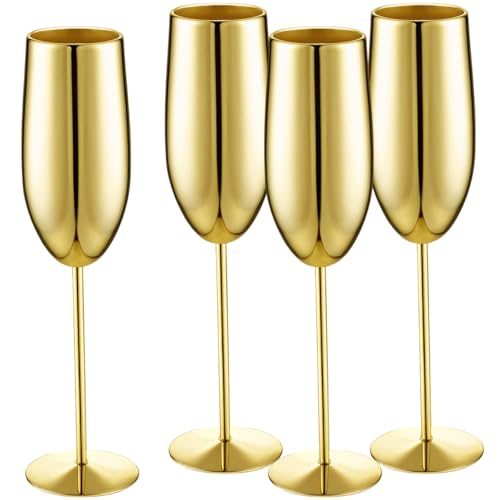 Yinder Champagne Flutes Bulk 8.5 oz Wine Glasses Stainless Steel Stemmed Flutes with Box Unbreakable Toasting Glasses for Wedding Anniversary Parties Gifts Pool(Gold 4 Pack)