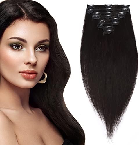 Clip in Hair Extension Human Hair 8 Pcs Full Head - 100% Real Remy Hair Straight Standard Weft (13"-80g, #2 Dark Brown)