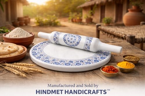 Image of Blue Floral Design MARBLE CHAKLA BELAN SET | Printed 10 Inch Enamel Marble Roti Maker with Wooden Belan | Heavy Duty Non-Slip Marble Chakla for Roti, Chapati, Paratha | Kitchen Rolling Board (1 Piece)
