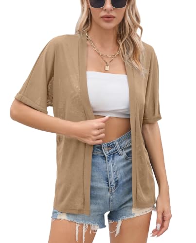 Image of Iandroiy Women's Lightweight Open Front Cardigans Casual Short Sleeve Blouse Tops