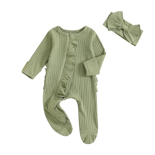 Image of Ayalinggo Newborn Baby Girl Fall Winter Outfits Clothes Knit Jumpsuit Ruffle Romper Newborn Coming Home Outfit for Baby Girl