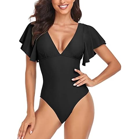 Husmeu Women's Swimming Costume Tummy Control Swimwear V Neck One Piece Swimsuit Padded Push Up Black L Cover