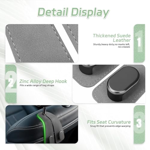 Image of Car Hooks for Headrest, 2Pcs Seat Back Storage Hook Luxurious Leather Multifunctional Car Hanger & Holder for Heatrest, Seat, Bag, Purse Black (2 Pack)