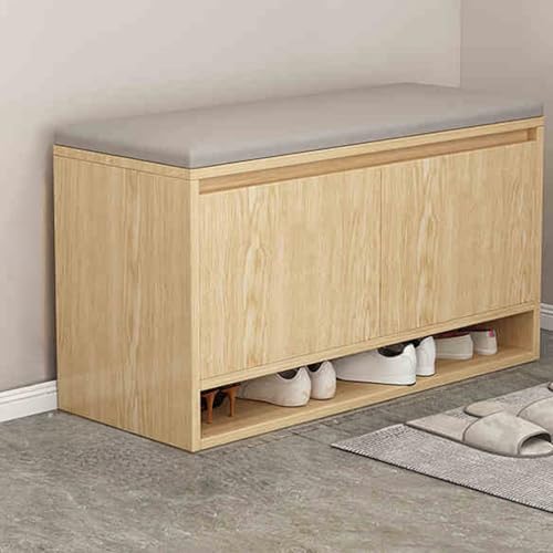 Banc à chaussures en bois massif banquette grise meuble rangement entrée