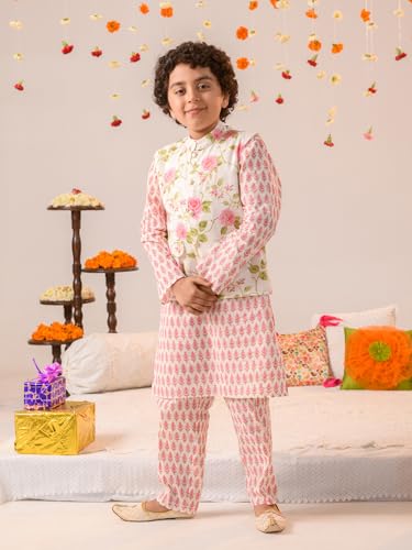 Pspeaches Boys Floral Printed Regular Pure Cotton Kurta With Pyjamas Nehru Jacket