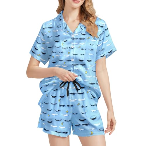 Image of Funny Satin Pajamas Set for Women Button Down Sleepwear Print Pjs Set 2 Piece Short Sleeve Loungewear Gift for Women