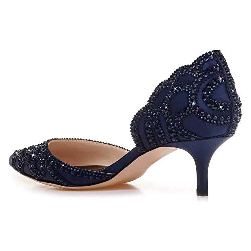 Image of XYD Women's Pumps, Elegant Pointed Toe, D'Orsay Kitten Low Heels, Rhinestone Studs, Slip-On Satin Shoes for Wedding