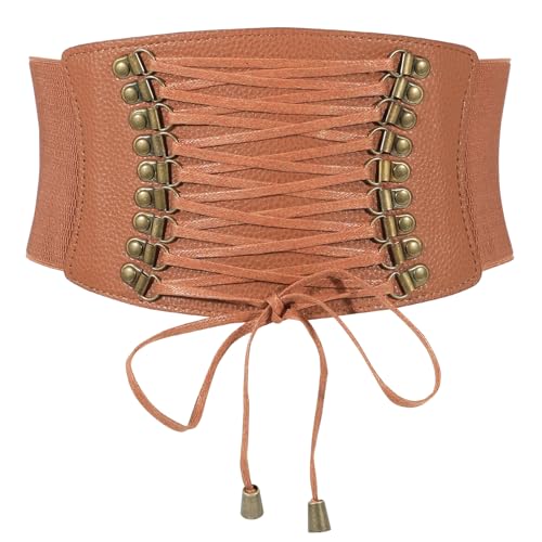 JASGOOD Women Elastic Corset Waist Belt Vintage Stretch Wide Belt Lace Up Corset Belt for Halloween Costume
