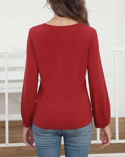 Amzdora Womens Dressy Tops V Neck Floral Long Sleeve Shirts Loose Puff Sleeve Work Blouses Casual Fall Stylish Clothes Red - image 5