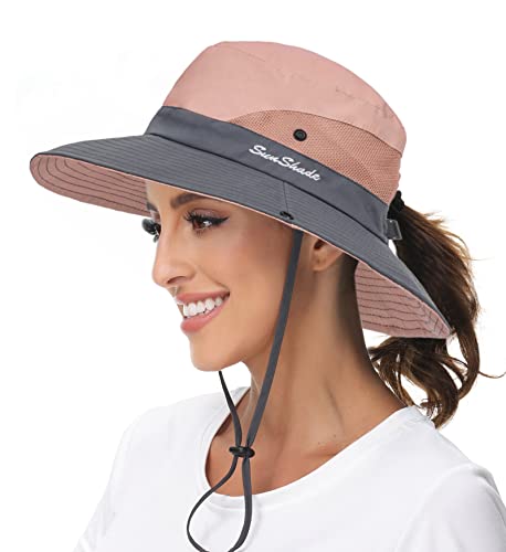 Image of Sun Hat for Women Summer UV Protection Beach Hat Wide Brim Mesh Bucket Fishing Hat with Ponytail Hole Foldable Packable Hat