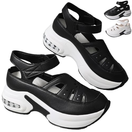 Women's Hollow Out Breathable Platform Wedge Sneakers, Closed Toe Orthopedic Comfortable Fashion Casual Sandals (Black,26.0 cm)