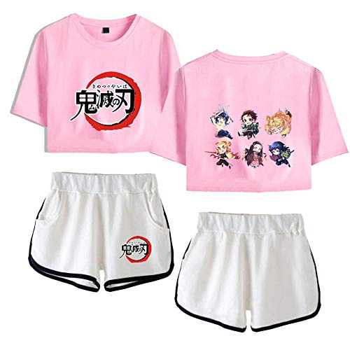 kexx Femmes Demon Slayer Summer Crop Tops et Shorts T-Shirt Costumes Midriff-Baring Tops Anime Kimetsu no Yaiba Cosplay Col Rond T-Shirt Survêtements Sportswear Pyjamas Cover