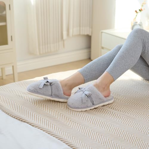 Image of GOEWY Cute Women's Memory Foam House Slippers - Fuzzy Plush Faux Fur Slippers with Bow Butterfly Tie - Anti-Skid Indoor /Outdoor Gifts for Women, Moms & Ladies