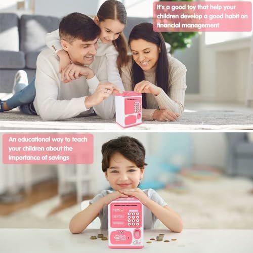 Image of Electric ATM Piggy Bank for Kids with Password and Finger Sensor - Pink