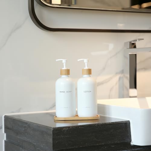 Image of Bathroom Soap Dispenser Set, Bamboo Pumps & Tray, Lotion Dispenser, and Hand Soap Dispenser Bathroom Counter Decor. (White)