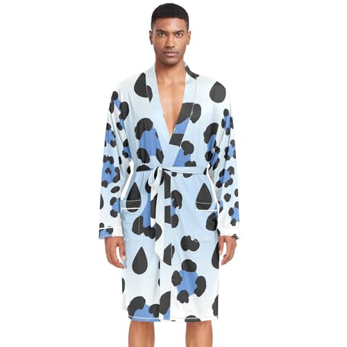 Blue Black Leopard Pattern on White Mens Night-Robe Lightweight Soft Bathrobe Sleepwear with Pockets