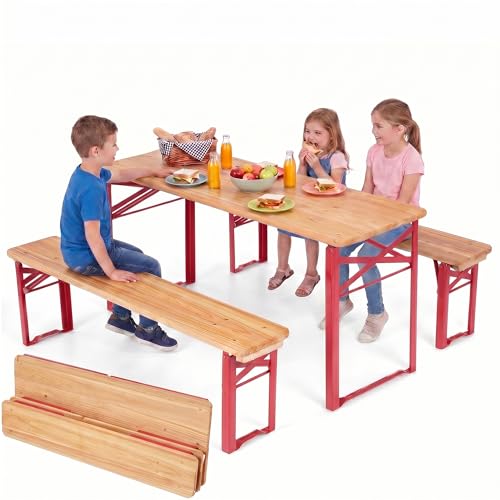 LIFEZEAL Ensemble de Table et Bancs Pliants en Bois de Cèdre, Set 3 Pièces Style Brasserie avec Pieds Métalliques Robustes, Mobilier de Jardin Repliable...