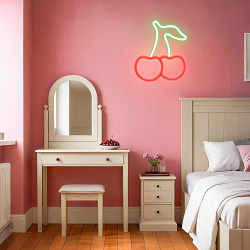 Image of Cherry Neon Sign for Wall Decor Red Green Cherry Lights LED Signs Gift for Women Fruit Shape Neon Signs Cereza Birthday Party Home Bathroom Living Room Bar Decoration USB /Battery Powered