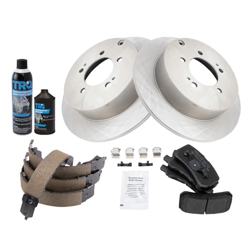Image of TRQ Rear Brake Pad & Rotor Kit, with Chemical Kit Parking Brake Shoe Set Semi-Metallic Compatible with 2008-2011 Mitsubishi Outlander