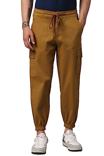 Image of Hubberholme Men's Regular Fit Cotton Trousers, Ankle Length Button Closure Elasticated Waist Cargo Joggers