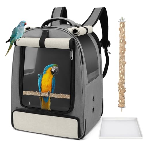 ALLSOPETS Bird Backpack Carrier for Parrots and Small Pets – Breathable Bag with Adjustable Perch and Removable Tray, Perfect Bird Carrier for Outdoor Trips (Natural Beige)