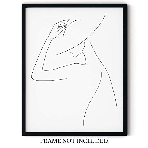 Abstract Fashion Hat Tip | Woman One Line Silhouette - 11X14 Unframed Black And White Art Print Of Nordic Modern Contemporary Female Form Line Drawing Wall Decor #TOP3