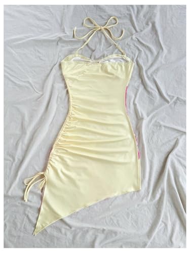 Milumia Women's Floral Halter Mini Dress Tie Backless Drawstring Asymmetrical Hem Short Dresses2