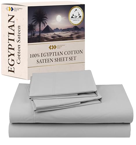 Certified Luxury 100% Egyptian Cotton Sheets, Queen Size Sheet, Deep Pocket Bed Sheets Set, Sateen Cooling Sheets for Hot Sleepers, Queen Egyptian Cotton Sheet Set, Light Grey Queen Sheet Set