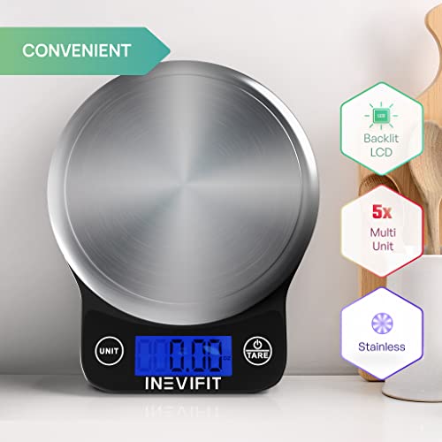 Inevifit Digital Kitchen Scale, Highly Accurate Multifunction Food Scale 13 Lbs 6Kgs Max, Clean Modern Black With Premium Stainless Steel Finish. Includes Batteries #TOP2