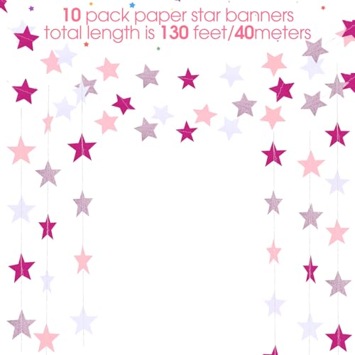 Image of Patelai Glitter Star Garland Banner 2026 Graduation Decor 130 Feet Star Hanging Banner Twinkle Backdrop for Party Birthday Classroom Wedding Supplies(Pink,Rose Red,White)